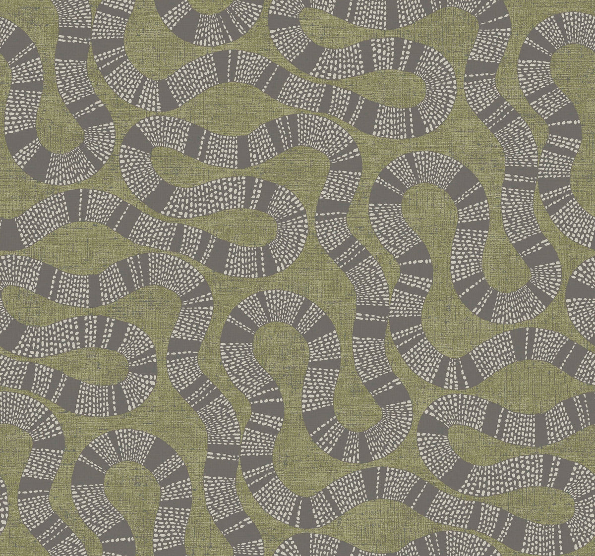 Ophidia Wallpaper by York Wallcoverings features an abstract pattern of winding, snake-like shapes in dark gray, segmented by dotted white lines, set against a textured olive green background. The repeating design adds dynamic movement and flow to any space.