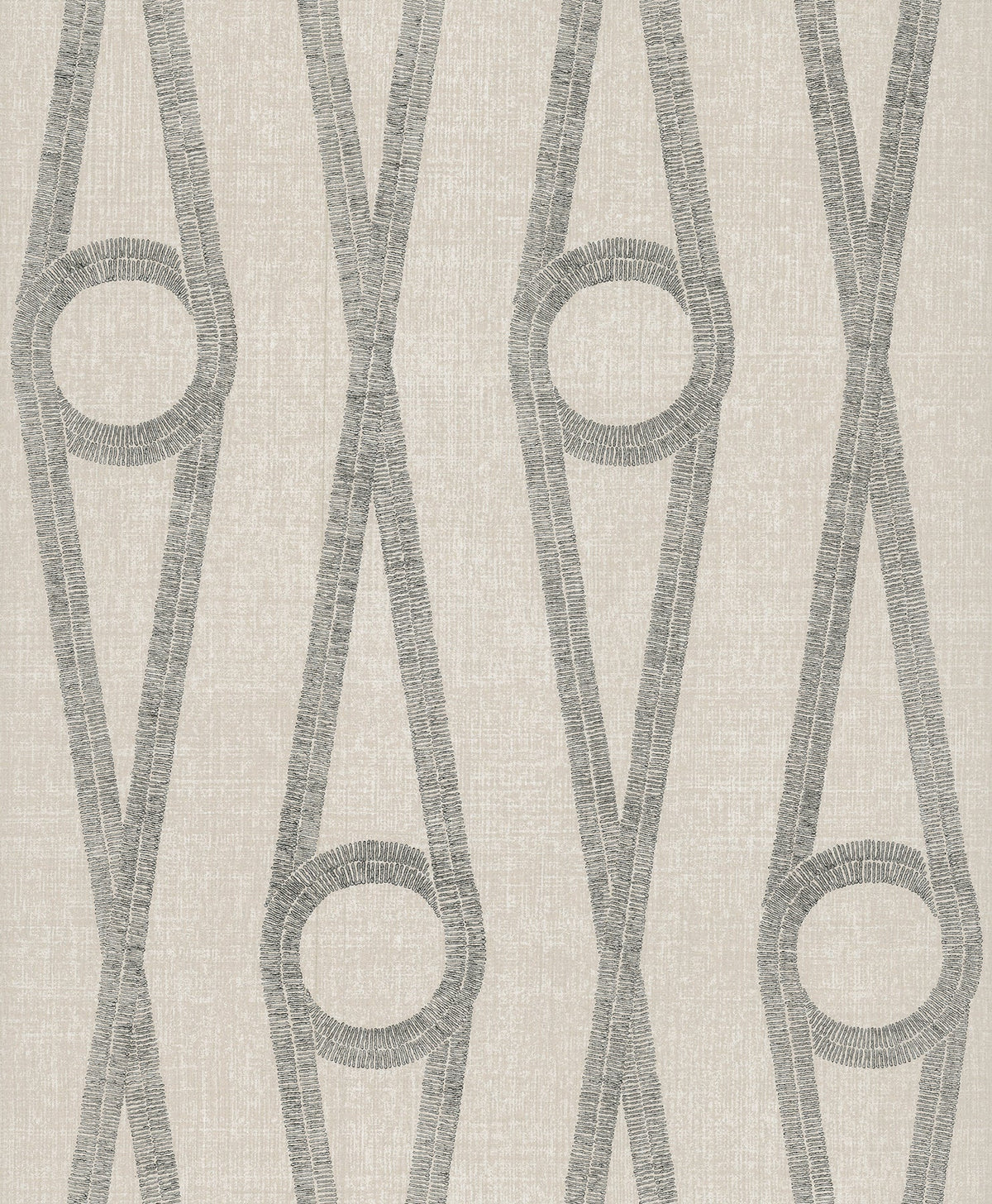 Henlein Wallpaper by York Wallcoverings features a repeating geometric pattern of vertical gray lines and circles on a textured off-white background.