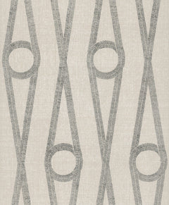 Henlein Wallpaper by York Wallcoverings features a repeating geometric pattern of vertical gray lines and circles on a textured off-white background.