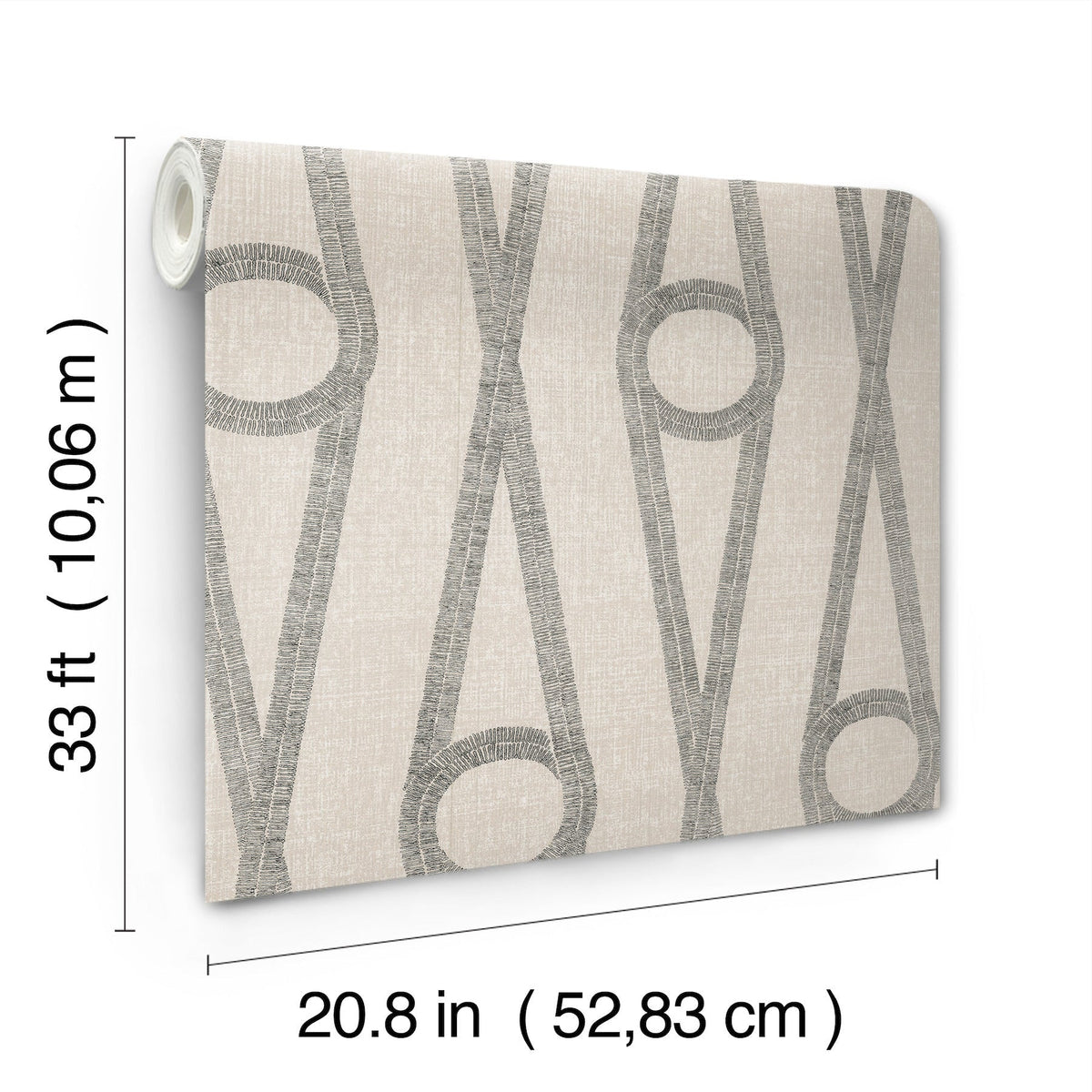 A roll of Henlein Wallpaper by York Wallcoverings, featuring a beige background with a gray geometric pattern, measuring 33 feet (10.06 m) in length and 20.8 inches (52.83 cm) in width, displayed against a white background.
