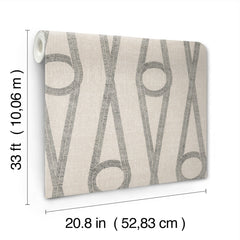 A roll of Henlein Wallpaper by York Wallcoverings, featuring a beige background with a gray geometric pattern, measuring 33 feet (10.06 m) in length and 20.8 inches (52.83 cm) in width, displayed against a white background.