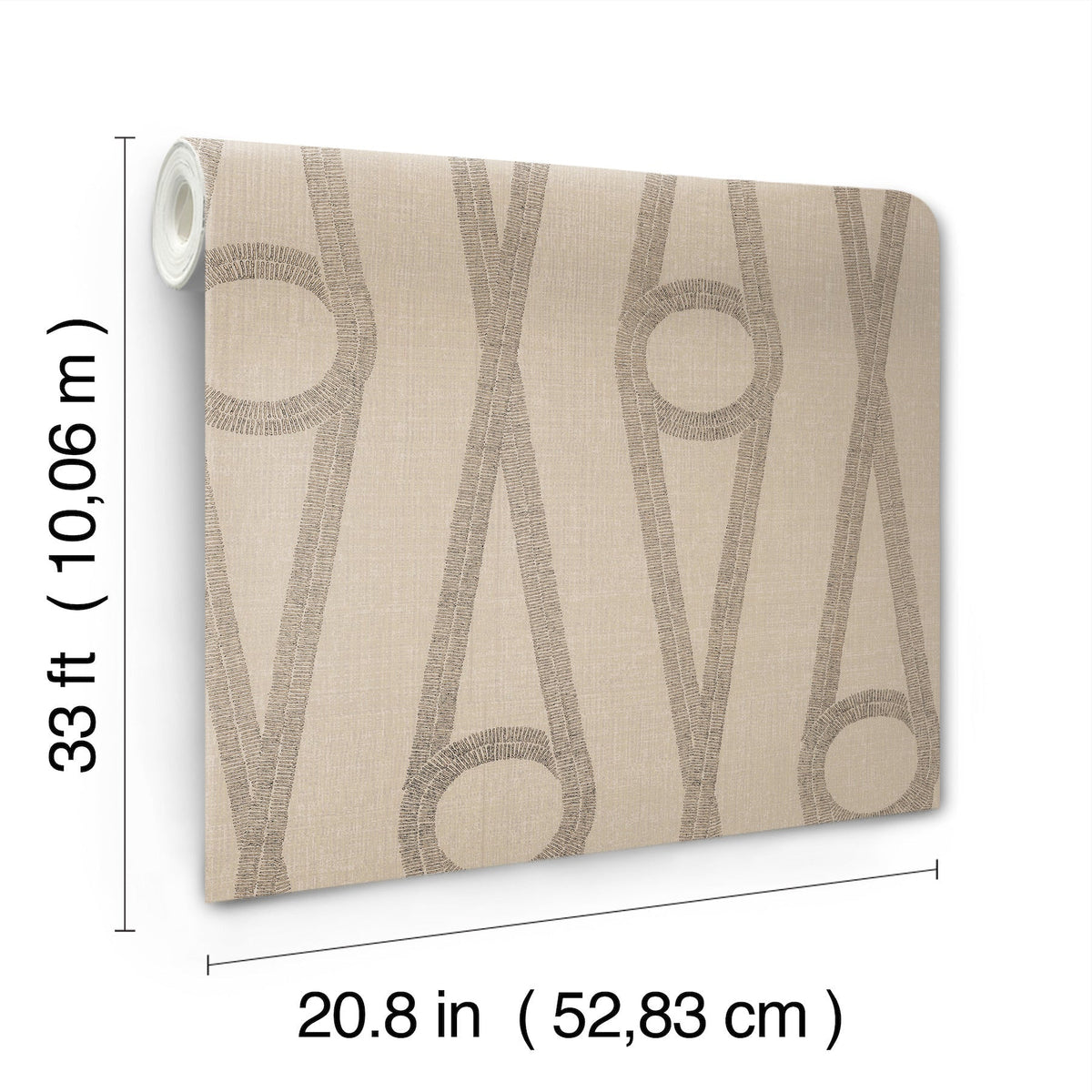 Henlein Wallpaper by York Wallcoverings is a beige roll with a geometric pattern, measuring 33 feet (10.06 m) in length and 20.8 inches (52.83 cm) in width.