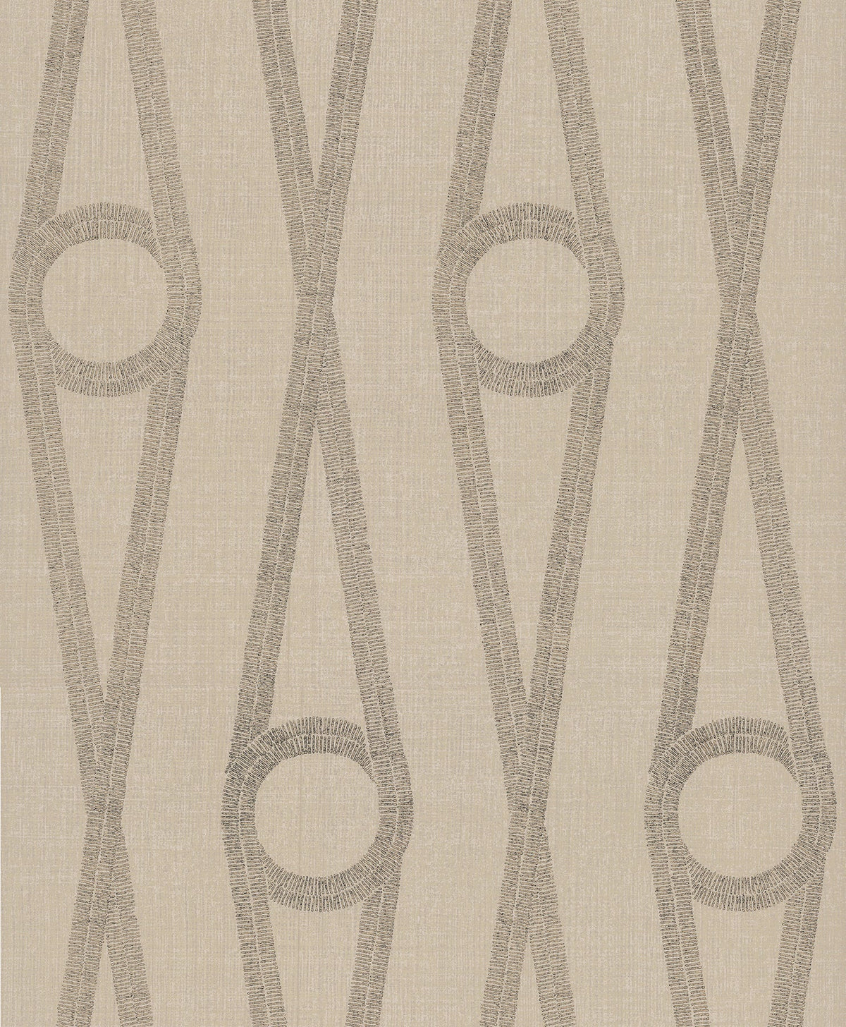 Henlein Wallpaper by York Wallcoverings features a beige background adorned with repeating vertical patterns of grey geometric shapes, resembling elongated hexagons with circles inside, creating a modern and symmetrical design.