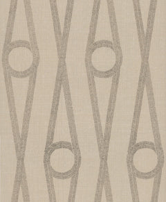 Henlein Wallpaper by York Wallcoverings features a beige background adorned with repeating vertical patterns of grey geometric shapes, resembling elongated hexagons with circles inside, creating a modern and symmetrical design.