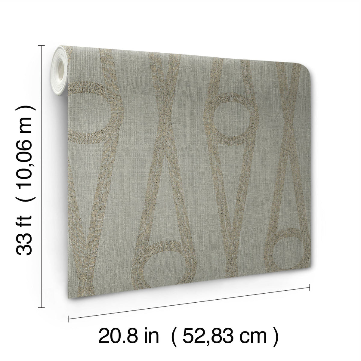 The Henlein Wallpaper by York Wallcoverings is displayed standing upright, featuring a gray background with a beige geometric pattern. Its dimensions are labeled: 33 ft (10.06 m) in length and 20.8 in (52.83 cm) in width.