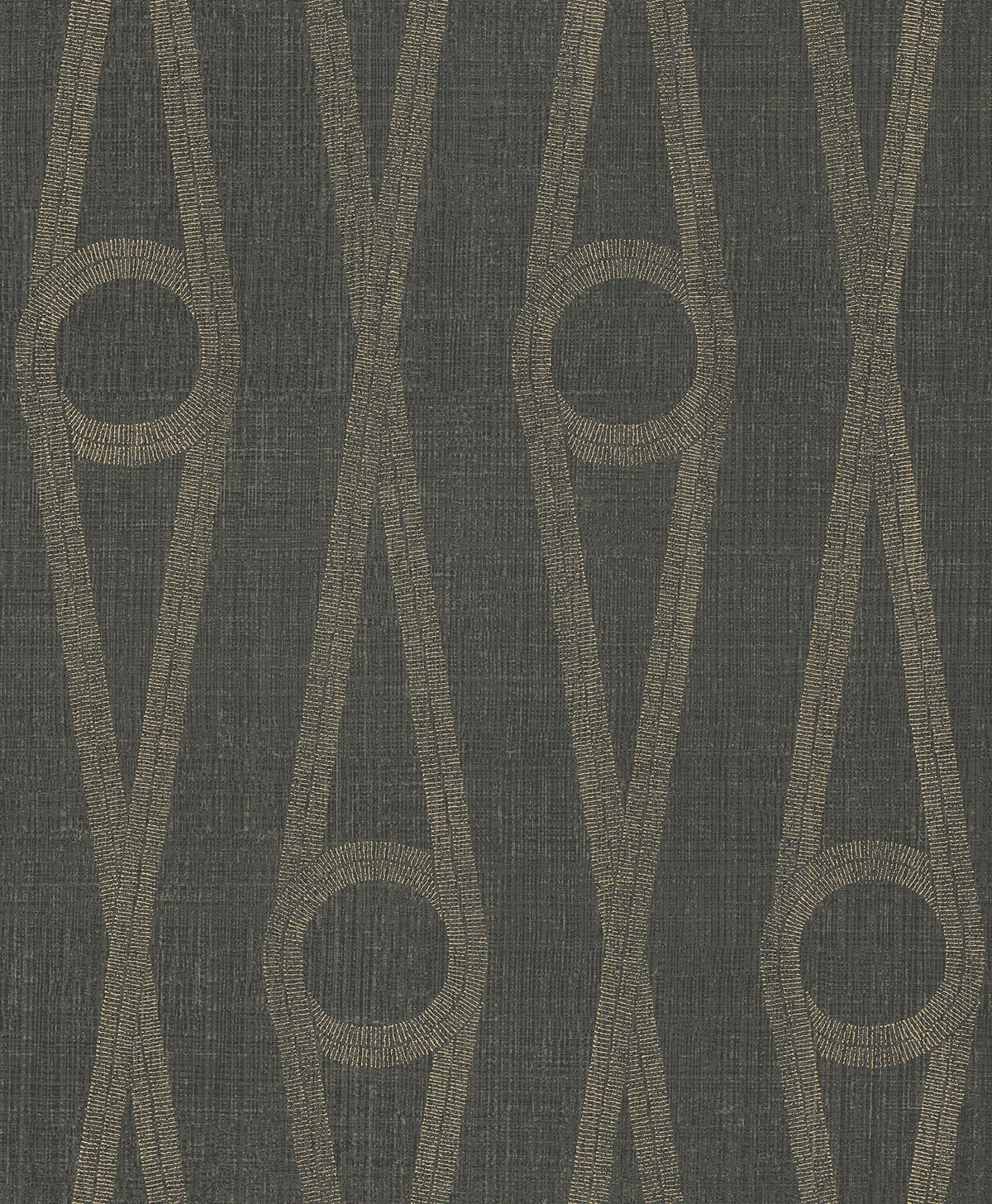 Henlein Wallpaper by York Wallcoverings features a black textured background adorned with a repeating geometric pattern of gold lines forming elongated diamond shapes, each accented with a central circle.