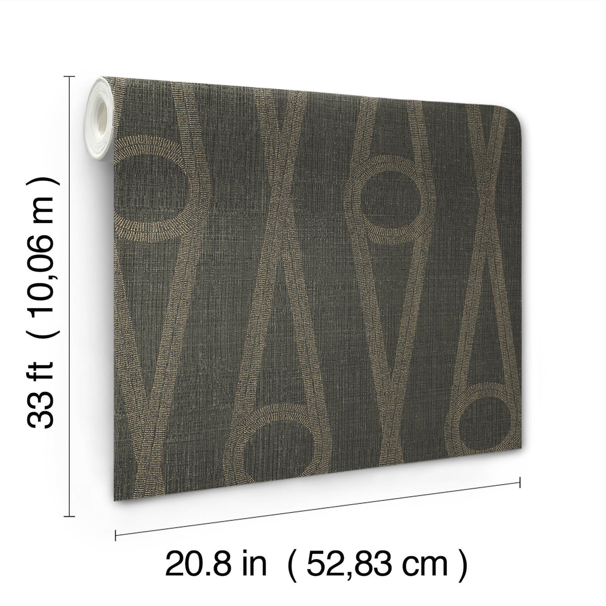 A roll of Henlein Wallpaper by York Wallcoverings featuring a geometric textured pattern, measuring 33 ft (10.06 m) in length and 20.8 in (52.83 cm) in width.