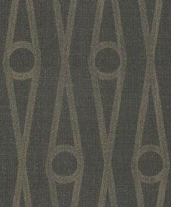 Henlein Wallpaper by York Wallcoverings features a dark textured background with a repeating geometric pattern of vertical beige lines and ovals, creating elongated diamond and circle shapes for a modern, abstract look.