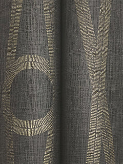 Henlein Wallpaper by York Wallcoverings features a textured dark gray background accented with intersecting gold lines that form abstract geometric shapes, including a circle on the left and an X shape on the right. The gold lines have a stitched or embossed appearance for added dimension.