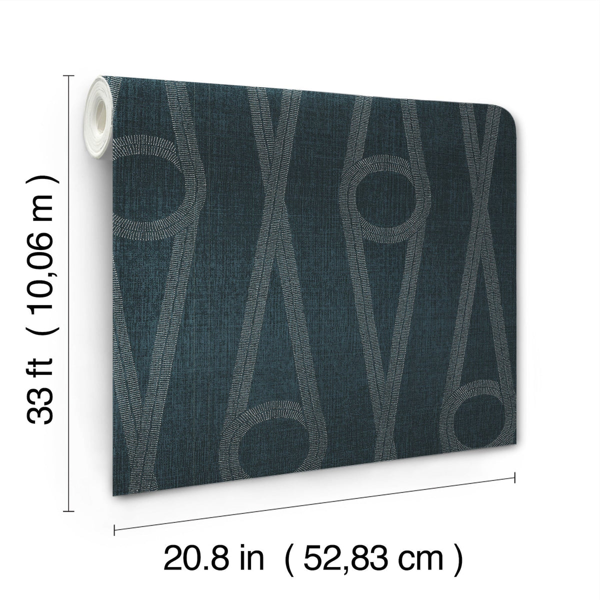 Here’s a revised sentence using the provided product data: The Henlein Wallpaper by York Wallcoverings features a dark blue background with a silver geometric pattern and comes in rolls measuring 33 ft (10.06 m) long and 20.8 in (52.83 cm) wide.