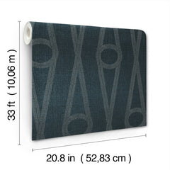 Here’s a revised sentence using the provided product data: The Henlein Wallpaper by York Wallcoverings features a dark blue background with a silver geometric pattern and comes in rolls measuring 33 ft (10.06 m) long and 20.8 in (52.83 cm) wide.