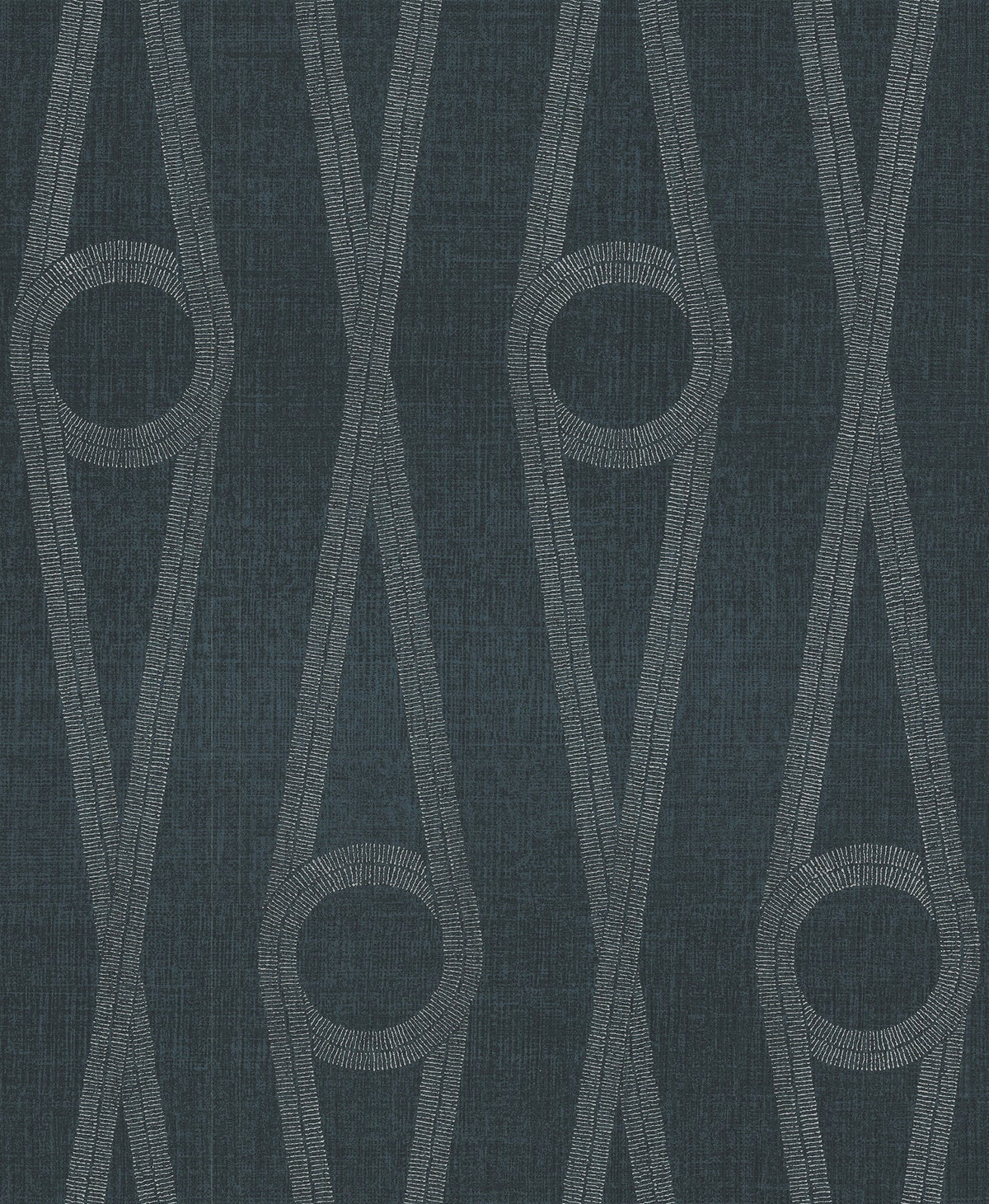 Henlein Wallpaper by York Wallcoverings features a dark blue textured background with a repeating geometric pattern of vertical lines and elongated hexagons, intersected by oval shapes composed of thin, light gray lines.