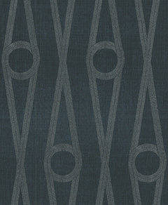 Henlein Wallpaper by York Wallcoverings features a dark blue background with a repeating vertical pattern of long, thin, interconnected diamond shapes and circles outlined in light gray. The modern geometric design adds a textured look to any space.