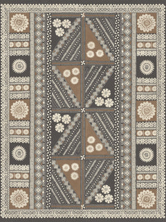 Sure! Here’s a rewritten sentence featuring the product name: The Tapa Mural Wall Mural showcases a symmetrical traditional design with geometric triangles, floral motifs, and intricate borders, rendered in shades of brown, black, and cream with delicate lace-like edges.