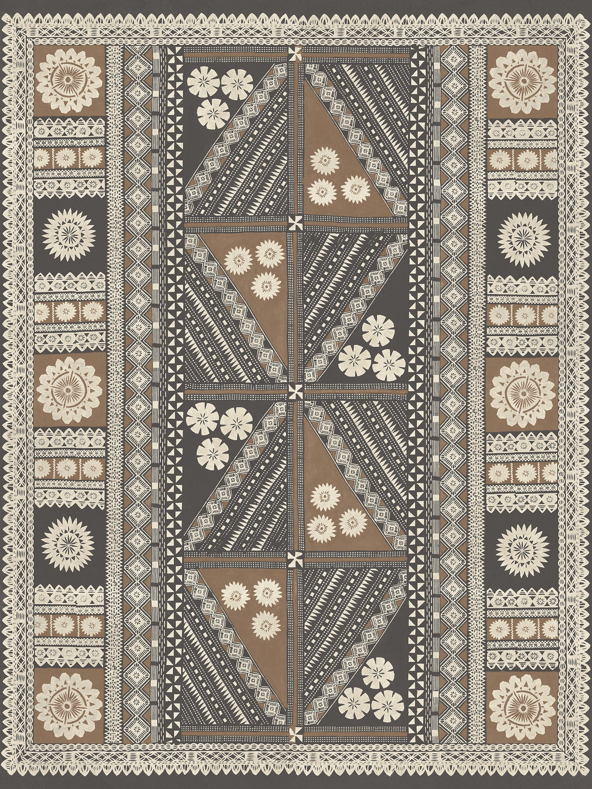 The Tapa Mural Wall Mural showcases a symmetrical design with geometric patterns in brown, black, and cream hues, featuring triangles, floral motifs, stripes, and elaborate borders.
