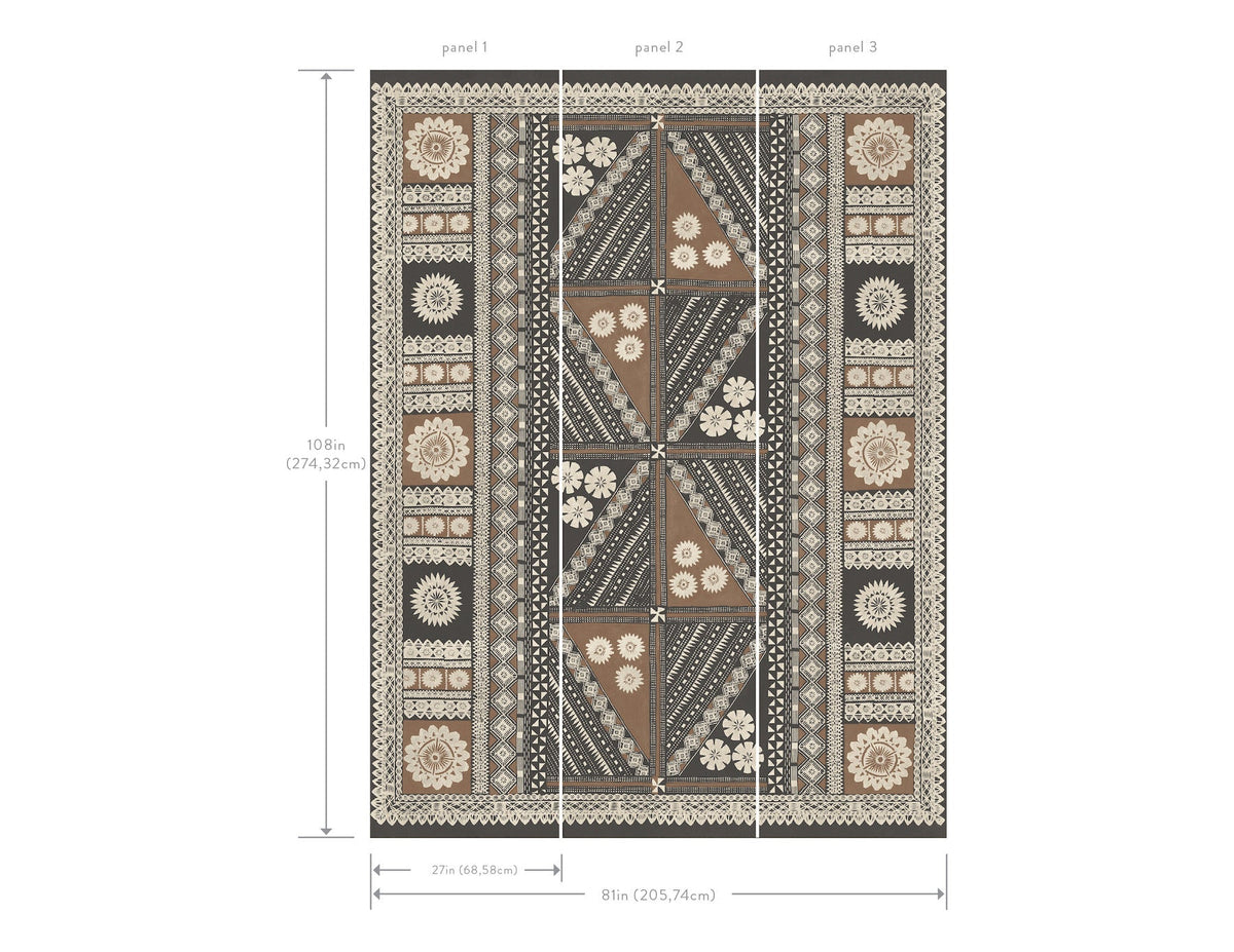 The Tapa Mural Wall Mural features geometric and floral patterns arranged in three vertical panels. Each panel measures 27 inches wide, making the full mural 108 inches by 81 inches in size. The design showcases a palette of brown, beige, and cream colors.