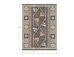 The Tapa Mural Wall Mural features geometric and floral patterns arranged in three vertical panels. Each panel measures 27 inches wide, making the full mural 108 inches by 81 inches in size. The design showcases a palette of brown, beige, and cream colors.