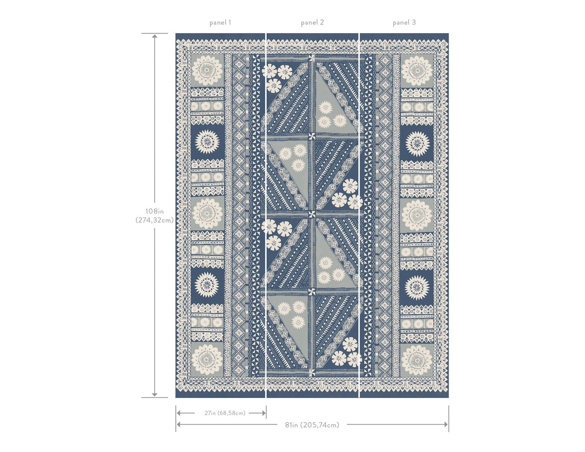 The Tapa Mural Wall Mural features blue and cream floral and geometric patterns arranged in three vertical panels, each panel measuring 27 inches wide, for a total size of 108x81 inches.