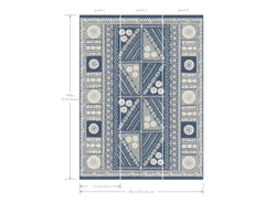 The Tapa Mural Wall Mural features blue and cream floral and geometric patterns arranged in three vertical panels, each panel measuring 27 inches wide, for a total size of 108x81 inches.