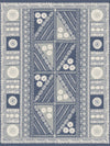 The Tapa Mural Wall Mural features a geometric navy and cream design with floral and lace-like patterns, bordered by intricate detailing and a central arrangement of alternating square and triangular motifs.
