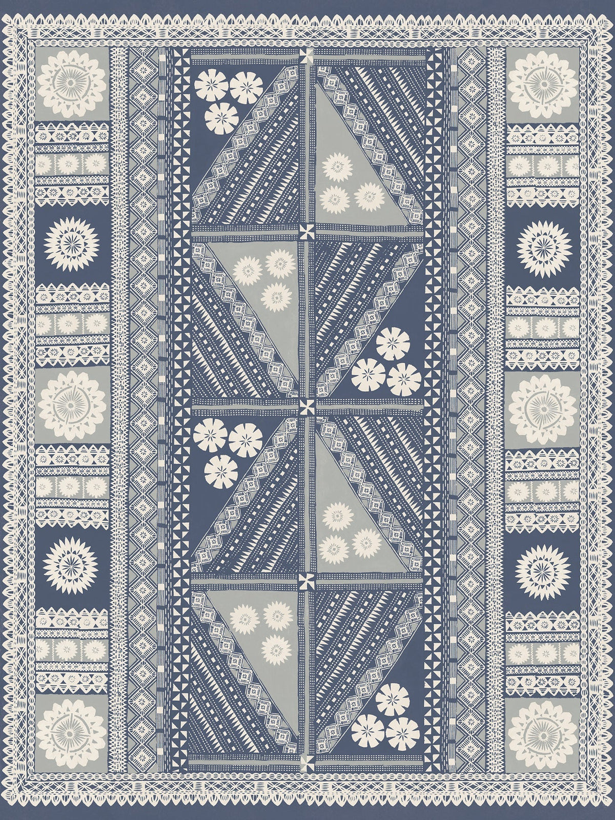 The Tapa Mural Wall Mural features a geometric navy and cream design with floral and lace-like patterns, bordered by intricate detailing and a central arrangement of alternating square and triangular motifs.