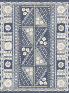 The Tapa Mural Wall Mural features a geometric navy and cream design with floral and lace-like patterns, bordered by intricate detailing and a central arrangement of alternating square and triangular motifs.