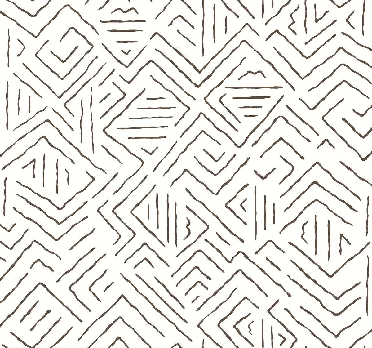 Sirih Wallpaper by York Wallcoverings features a hand-drawn geometric pattern of zigzag and diamond shapes, with thin, uneven black lines on a white background, creating a repeating abstract design.