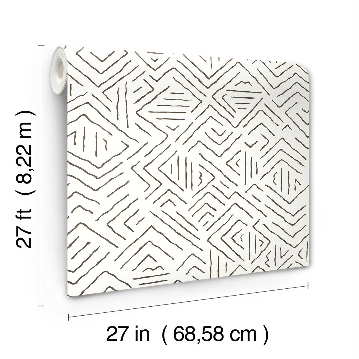 The Sirih Wallpaper by York Wallcoverings is shown, featuring a white background with thin, brown, abstract geometric lines. The roll measures 27 feet (8.22 meters) in length and 27 inches (68.58 centimeters) in width.