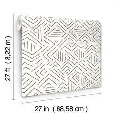 The Sirih Wallpaper by York Wallcoverings is shown, featuring a white background with thin, brown, abstract geometric lines. The roll measures 27 feet (8.22 meters) in length and 27 inches (68.58 centimeters) in width.