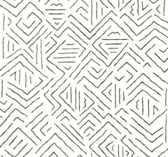 The Sirih Wallpaper by York Wallcoverings features a hand-drawn geometric pattern of black lines creating diamond and zigzag shapes on a white background, evoking an abstract or tribal-inspired aesthetic.