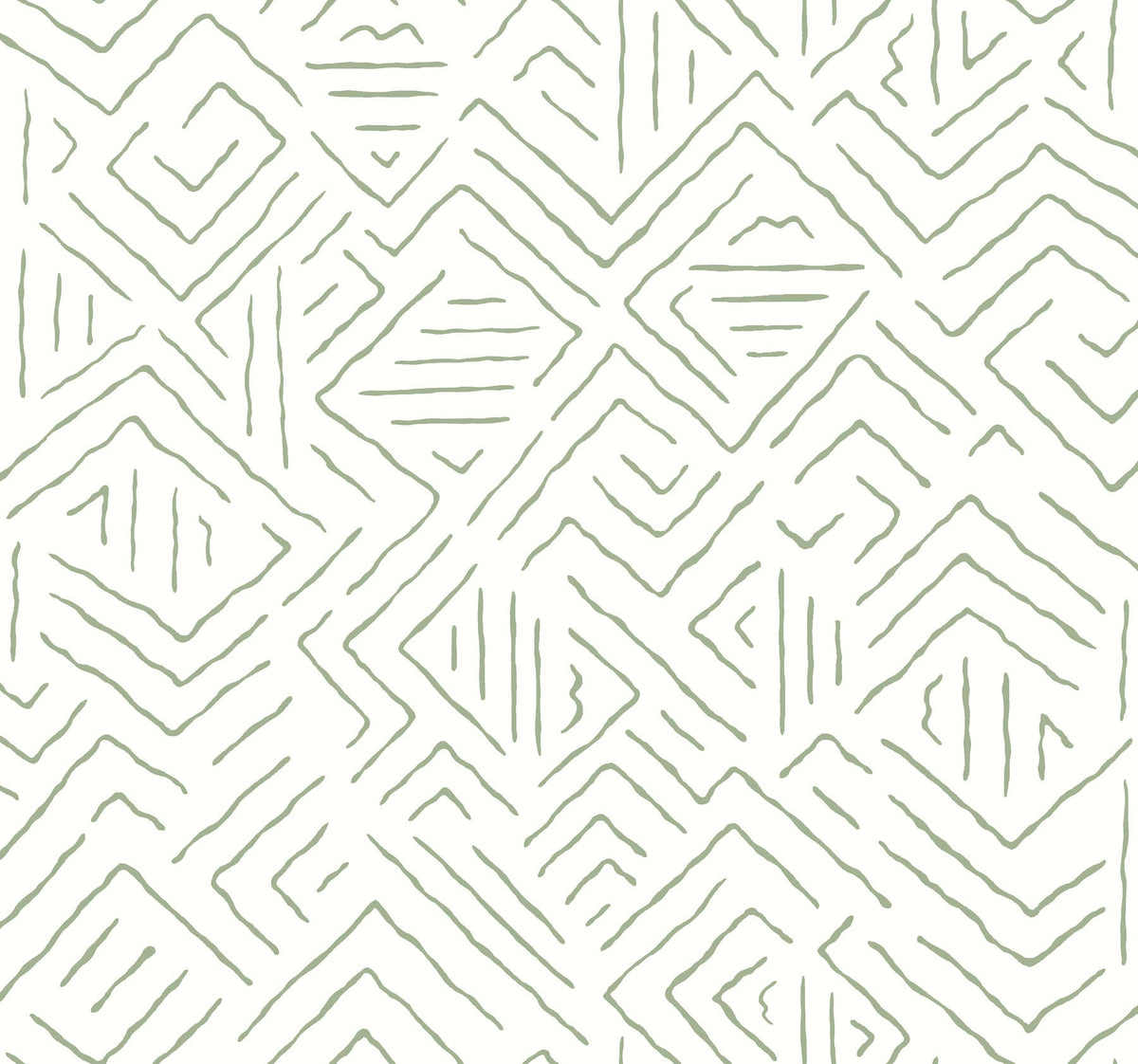 Transform your space with York Wallcoverings’ Sirih Wallpaper, showcasing an abstract geometric pattern of hand-drawn zigzag and diamond motifs in light green on a crisp white background. Uneven lines lend a textured, artistic feel to this unique design.