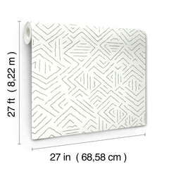 Introducing the Sirih Wallpaper by York Wallcoverings—a roll of white wallpaper featuring a green geometric line pattern. Each roll measures 27 feet (8.22 m) in length and 27 inches (68.58 cm) in width.