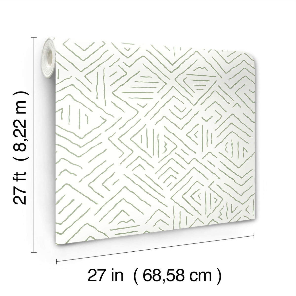Sirih Wallpaper by York Wallcoverings features a white background with abstract green geometric lines. Each roll measures 27 feet (8.22 meters) in length and 27 inches (68.58 cm) in width.