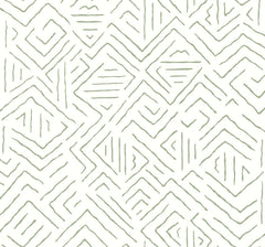 The Sirih Wallpaper by York Wallcoverings features a modern, abstract pattern of thin, hand-drawn green lines forming geometric diamond and zigzag shapes on a white background, giving the design a textured and contemporary appeal.