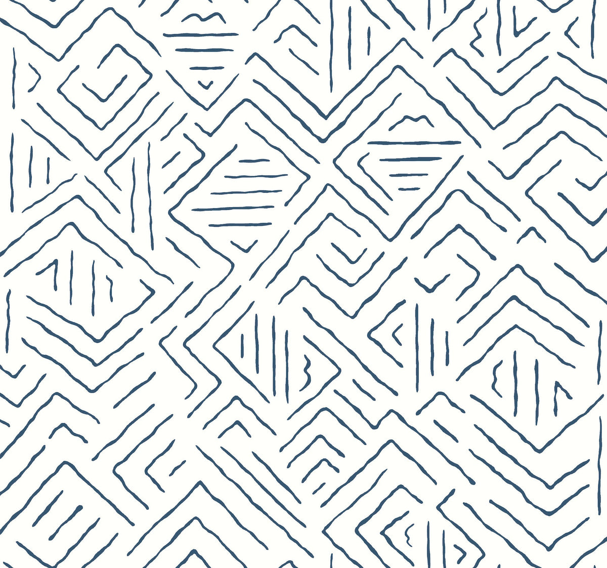 Sirih Wallpaper by York Wallcoverings features navy blue, irregular zigzag and diamond-shaped lines that create a geometric, hand-drawn pattern on a white background. The design showcases an abstract, repetitive motif with sketch-like texture and uneven spacing throughout.