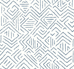Sirih Wallpaper by York Wallcoverings features navy blue, irregular zigzag and diamond-shaped lines that create a geometric, hand-drawn pattern on a white background. The design showcases an abstract, repetitive motif with sketch-like texture and uneven spacing throughout.
