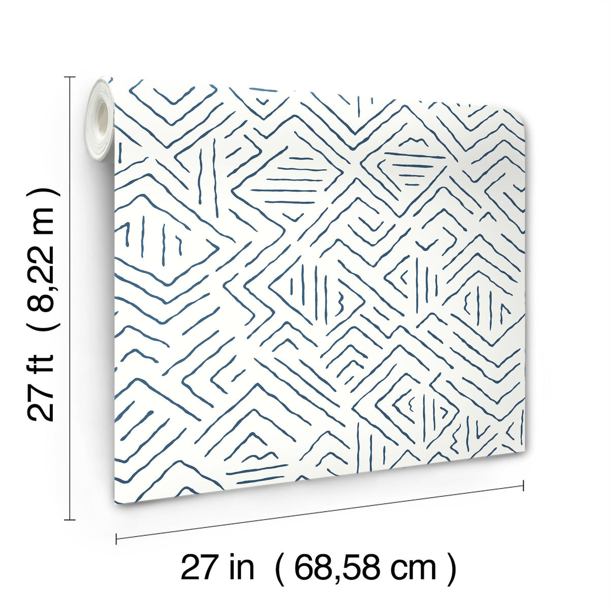 Sirih Wallpaper by York Wallcoverings features a blue geometric line pattern and comes in rolls measuring 27 feet (8.22 meters) long and 27 inches (68.58 cm) wide.