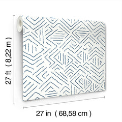 Sirih Wallpaper by York Wallcoverings features a blue geometric line pattern and comes in rolls measuring 27 feet (8.22 meters) long and 27 inches (68.58 cm) wide.