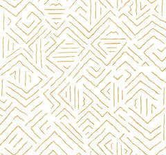 Sirih Wallpaper by York Wallcoverings features an abstract, modern design of irregular, hand-drawn gold lines that form geometric shapes—including triangles, diamonds, and zigzag patterns—set against a crisp white background.