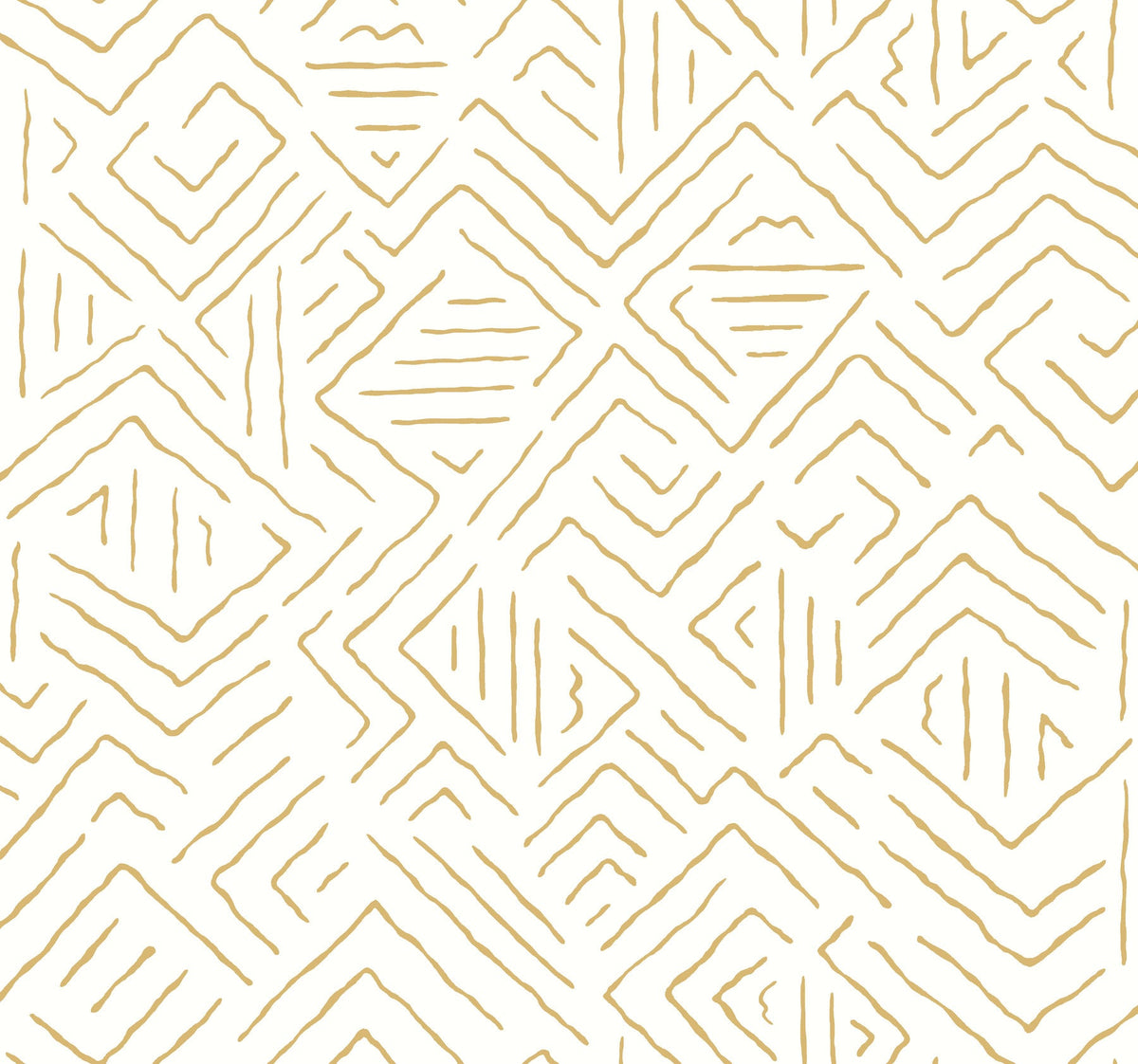 Sirih Wallpaper by York Wallcoverings features an abstract geometric pattern of gold lines forming diamonds and zigzags on a white background, creating a modern, hand-drawn, and repetitive design.