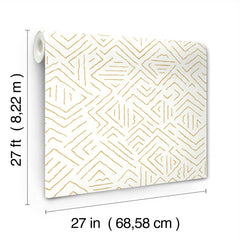 The Sirih Wallpaper by York Wallcoverings is shown in white with gold geometric line patterns. Each roll measures 27 feet (8.22 m) in length and 27 inches (68.58 cm) in width.