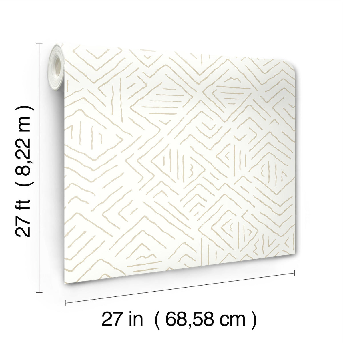 The Sirih Wallpaper by York Wallcoverings is displayed featuring a geometric pattern. The roll measures 27 feet (8.22 meters) in length and 27 inches (68.58 cm) in width.