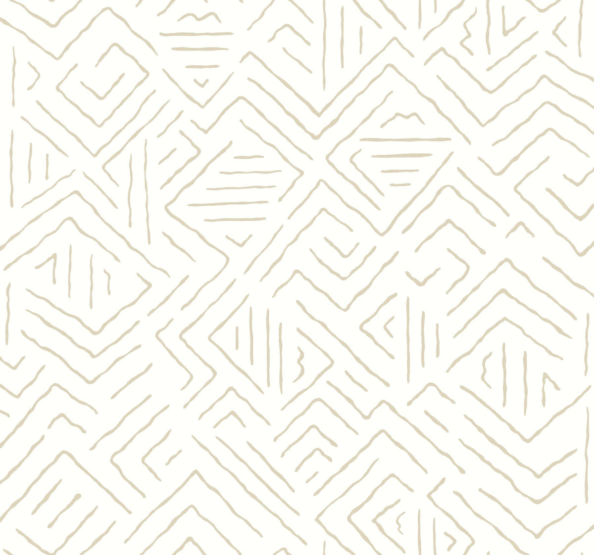 Sirih Wallpaper by York Wallcoverings features a beige hand-drawn geometric pattern of zigzags, diamonds, and lines in a repeating, abstract tribal style on a white background.