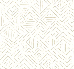 Sirih Wallpaper by York Wallcoverings features a beige hand-drawn geometric pattern of zigzags, diamonds, and lines in a repeating, abstract tribal style on a white background.