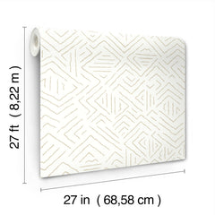 The Sirih Wallpaper by York Wallcoverings features a white background accented with light beige geometric lines. Each roll measures 27 feet (8.22 m) in length and 27 inches (68.58 cm) in width, as shown with labeled arrows.