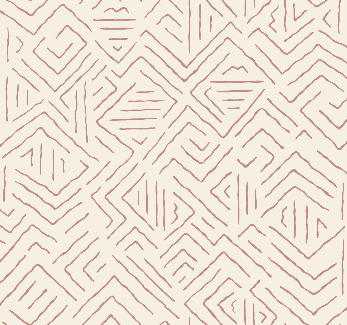 Sirih Wallpaper by York Wallcoverings features an abstract pattern of hand-drawn, irregular brown lines that create geometric diamond and zigzag shapes on a beige background.