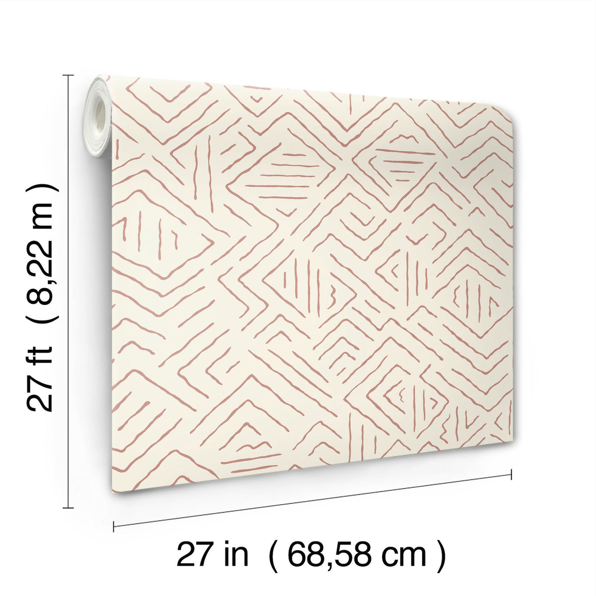 A roll of Sirih Wallpaper by York Wallcoverings featuring a simple, abstract geometric pattern in brown lines on a cream background. Dimensions: 27 feet (8.22 m) long and 27 inches (68.58 cm) wide.