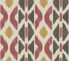 The Patan Wallpaper by York Wallcoverings features a geometric pattern with repeating shapes in red, gold, and dark gray on an off-white background, reminiscent of a traditional ikat textile design.