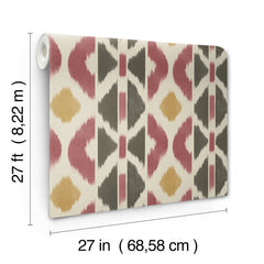 The Patan Wallpaper by York Wallcoverings is a roll of patterned wallpaper featuring red, yellow, and black geometric shapes. The dimensions are 27 feet (8.22 meters) in length and 27 inches (68.58 centimeters) in width.