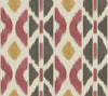 Patan Wallpaper by York Wallcoverings features a repeating geometric pattern with diamond and triangular shapes in red, gold, and black on a beige background, reminiscent of an ikat or tribal textile design.